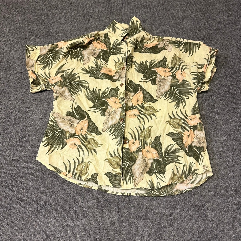 Tapestry Shirt Womens Size 14/16W Yellow Tropical Floral Short Sleeve USA Made